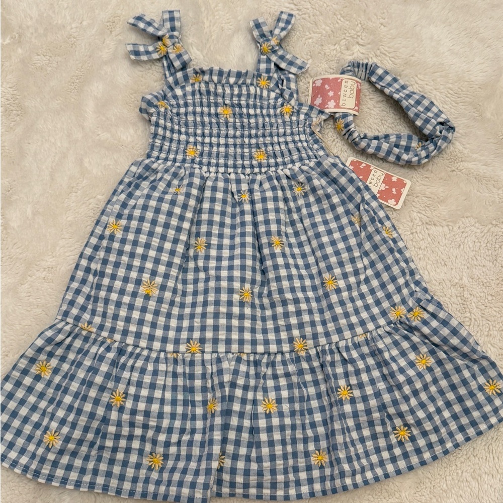 NWT Blue and White Gingham Toddler Dress with Headband